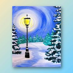 an acrylic painting of a street light on a snowy night with pine trees