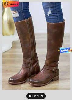 Vintage Round Toe Buckle Tall Boots Chunky Heel Riding Boots Equestrian Style Boots, Fall Pics, Calf High Boots, Knee High Boots Flat, Knight Boots, Popular Boots, Leather Stitching, Female Knight, Comfortable Boots