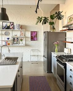 a kitchen with white counters and stainless steel appliances, plants on the wall above the stove