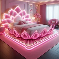 a bedroom with pink lighting and a large flower shaped bed in the middle of it