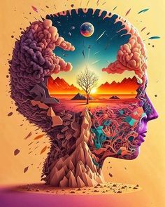 an image of a person's head with trees and mountains in the background, as if it were made out of paper