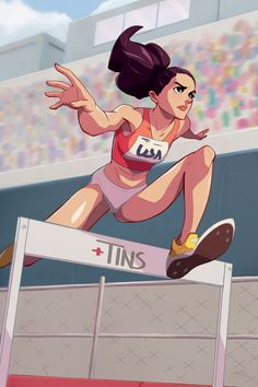 an animated woman running over a hurdle on a track