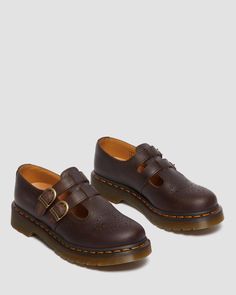 8065 Crazy Horse Leather Mary Jane Shoes in Dark Brown | Dr. Martens Doc Marten Mary Janes, Brown Doc Martens, Doc Martens Mary Janes, Dr Martens Mary Janes, Brown Dr Martens, Brown Mary Janes, Leather Mary Jane Shoes, Black Platform Shoes, Fur Accessories