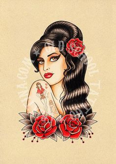 a drawing of a woman with roses in her hair and tattoos on her arm,