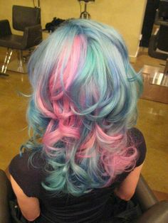 #multicolour #curls Tri Colored Hair, Outfit Store, Blue And Pink Hair, Cotton Candy Hair, Dye Patterns, Candy Hair, Multi Colored Hair, Hair Dyes