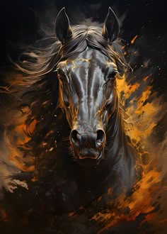 a painting of a black horse with orange and yellow flames in the background, it's head is almost obscured by its mane