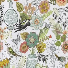 a floral wallpaper with birds and flowers in vases on it's side