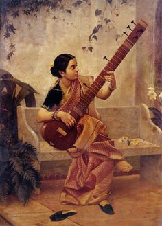 Indian art, Raja Ravi Varma, Academic art, woman playing sitar Ganesha Drawing, Indian Art Gallery, Canvas Paint, Spiritual Artwork, Indian Paintings