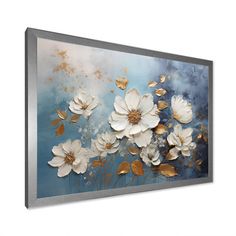 an abstract painting with white flowers and gold leaves on a blue background, framed in metal frame