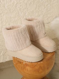 1pair Women's Solid Color Mid-Calf Furry Snow Boots With Thick PVC Soles, Fur Trimmed Top, Cozy And Warm, Autumn And Winter Beige         Women Shoes, size features are:Bust: ,Length: ,Sleeve Length: Beige Closed Toe Winter Booties, Cream Round Toe Winter Booties, Winter Beige Closed Toe Booties, Beige Round Toe Winter Booties, Winter Round Toe Booties, Comfortable Beige Round Toe Boots, Comfortable Beige Winter Boots, Fluffy Casual Winter Boots, Casual Fluffy Winter Boots