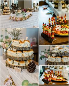 a collage of pictures showing different types of desserts and pastries on display