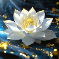 a large white flower floating on top of a blue water filled with gold flakes