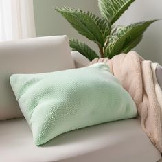 a white couch with green pillows and a potted plant