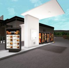 an artist's rendering of a fast food stand in the middle of a parking lot