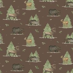 moose and elk in the woods with trees on brown background, watercolor style fabric