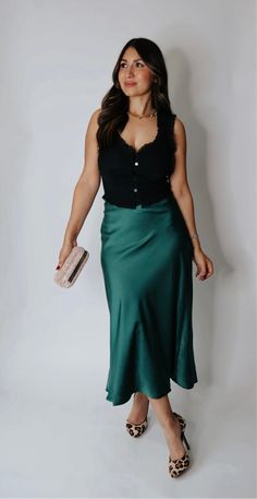 Have a blast in this our Forever Satin Skirt! It's perfect for any Festive occasion, adding a touch of fun to any outfit. Color: Emerald Green Side Ziper Non Stretch Midi Length Runs Big Green Midi Skirt Outfit, Green Satin Skirt, Green Silk Skirt, Silk Skirt Outfit, Green Midi Skirt, Green Clothing, Midi Skirt Outfit, Green Side, Silk Dresses