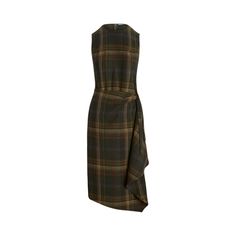 This sleeveless version of our signature cascading faux-wrap dress is crafted from wool-blend herringbone with a muted plaid pattern. Dress Pattern Plaid, Ralph Lauren Fall Dresses, Tartan Dress Boots, Black And Brown Plaid Dress, Plaid Single Breasted Dress, Plaid Dresses Fall, Black Watch Plaid Dress, Wool Blend Dress, Kate Middleton Plaid Dress