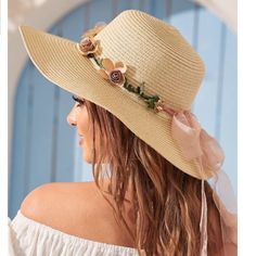 Beach Straw Hat Boho Style With Flowers And Bow (Removable) Beach Hat/Festival/Gardening Wide Brim Straw Hat Circumference Approx 23.5” New Boutique Item Smoke Free Home Fast Shipping New To Poshmark? Use My Referral Code Myboots2012 And Get $10 Off Your First Order