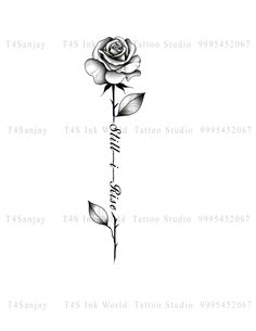 a black and white rose with the words tattoo studio written on it's side