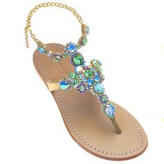 100% Leather Sole Lined with Suede For Added Comfort Embellished with Czech Crystals & Rhinestone Chain ½ Inch Heel Made in Bali, Shipped From Los Angeles Mystique Sandals, Clear Shoes, Shoe Ideas, Rings Unique, Jeweled Sandals, Rhinestone Chain, Embellished Sandals, Czech Crystal, Wedding Rings Unique