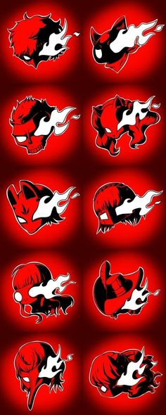 several red and white logos on a black background, each with an animal's head