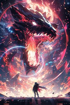 an anime character standing in front of a dragon