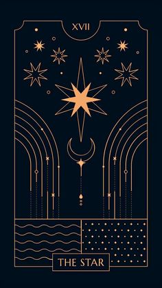 the star tarot card is shown in gold and black, with stars above it