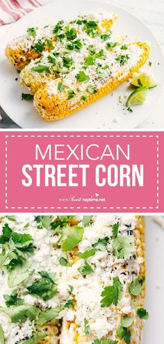 mexican street corn with cilantro, parsley and cheese on top is shown