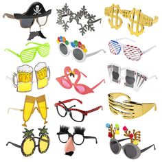 many different types of sunglasses and hats on a white background