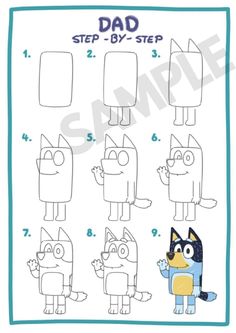 step by step drawing instructions for children to draw cartoon characters, including an image of a dog