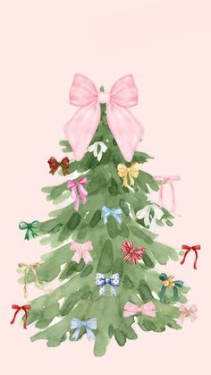 a watercolor christmas tree with bows on it