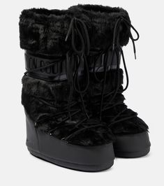 Icon faux fur-trimmed snow boots in black - Moon Boot | Mytheresa Clothing Aesthetics, Fluffy Boots, Moon Boot, Fur Shoes, Made In Romania, Faux Fur Boots, Black Moon, Shoe Inspo, Moon Boots