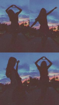 two girls making heart shapes with their hands at sunset or dawn, one girl is holding her arms up in the air