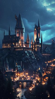 the hogwarts castle is lit up at night