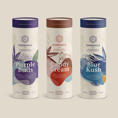 three different flavors of candy cream and blue kush are on the packaging side, each with an individual's own logo