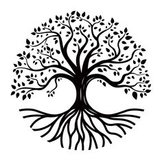 a black and white tree with its roots in the shape of a circle on a white background