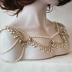 Beautiful Pearl And Rhinestone Shoulder Necklace. I Bought This New For My Wedding But Ended Up Wearing Something Else So Never Been Worn. Body Chain Wedding Dress, Shoulder Necklace Wedding Dress, Shoulder Chain Dress, House Martell Jewelry, Bridal Shoulder Jewelry, 1700s Necklace, Sweetheart Neckline Jewelry, Pearl Draping, Gold Body Chain Jewelry