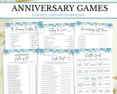 the wedding game is shown with blue flowers on it and text that reads, anniversary games 6