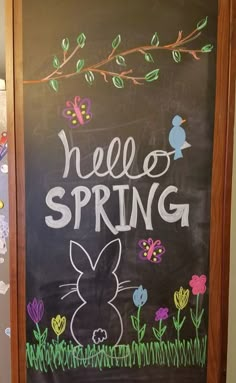 a chalkboard with the words hello spring written on it