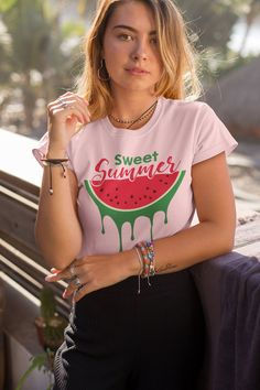 "Introducing our unisex t-shirt that captures the essence of sweet summer with its \"Sweet Summer Watermelon Shirt\" design. This shirt is the perfect way to celebrate the vibrant and refreshing flavors of the season. Crafted with care and made from high-quality materials, this t-shirt offers both style and comfort. The \"Sweet Summer Watermelon Shirt\" design showcases a juicy watermelon slice, evoking memories of picnics, beach days, and the simple pleasures of summer. This unisex t-shirt is m Cute Crew Neck T-shirt For Beach Season, Sweet Pink Summer Tops, Sweet Pink Summer Top, Summer T-shirt With Sublimation Print And Relaxed Fit, Trendy Pink Summer Shirt, Casual Crew Neck T-shirt For Summer, Sweet Cotton Summer Top, Cute Summer Beach T-shirt, Sweet Summer Cotton Shirt