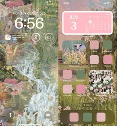 an image of a calendar with flowers and birds in the background, including pinks and greens