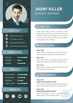 a blue and black resume template with an image of a man's face on it