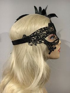 "Black Lace Masquerade Mask with Feathers Gold Brooch, Masked Ball, Women's Lace Mask, Wedding Masquerade Masks, Bridal Wedding Mask Beware of cheap imitations that use glue! This is an original design by IceGreenEyes. Stiffened and lace mask will not sweat your face like the cheap plastic ones. The mask is also shaped so you have lots of room around the eyes instead of a skinny slice. These masks are hand stitched, not held together with sticky glue that will heat up and fall apart before the n Black Masquerade Mask For Halloween Wedding, Elegant Formal Masquerade Mask For Halloween, Black Wedding Headpiece For Carnival, Elegant Halloween Masquerade Masks And Prosthetics, Elegant Costume Eye Mask Accessories, Elegant Halloween Costume Eye Mask, Elegant Eye Mask Costume Accessories, Elegant Black Costume Accessories For Wedding, Elegant Halloween Eye Mask