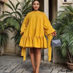 Olivia Mark - Relaxed Casual Solid Color Bubble Sleeve Ruffle Hem Dress Yellow Long Sleeve Dress, Mode Kimono, Plus Size Mini Dresses, Flare Sleeves, Fitting Dress, Loose Fitting Dresses, Bubble Sleeve, Ruffle Hem Dress, Dress With Tie