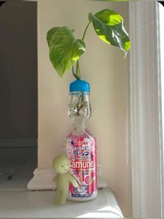 a bottle with a plant in it sitting on a shelf next to a small toy