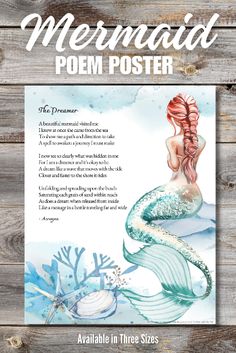 the mermaid poem poster is displayed on a wooden background