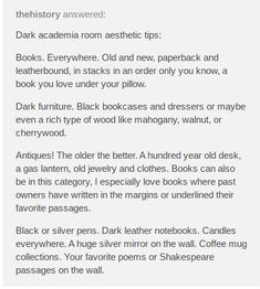 the text on the page says, dark academy room aesthetic tips books everywhere old and new, paperpack and leatherbound in an order