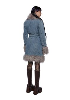 embrace the allure of faded grandeur. This coat has a washed denim construction, faux fur trim, adjustable belted ties, side pockets, and long sleeves.Related: Velvet Dress, Babydoll Dresses, Platform Heels, Weekenders, Hair Accessories, Sheer Dress, and Belts and Harness. Fur Trench Coat, Faux Fur Trim Coat, Babydoll Dresses, Beautiful Decay, Fur Trim Coat, Free Socks, Washed Denim, Denim Coat, Sheer Dress