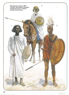 two men dressed in native american clothing standing next to each other with shields and spears