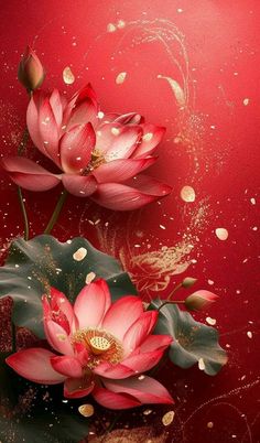 two red flowers with green leaves and water droplets on a red background that has gold flecks